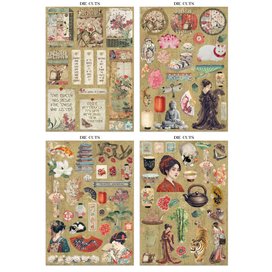 Stamperia – Oriental Garden Junk Journal Stickers, Backgrounds, Cut-Outs lehtiö (16 kpl) A4 - Image 4