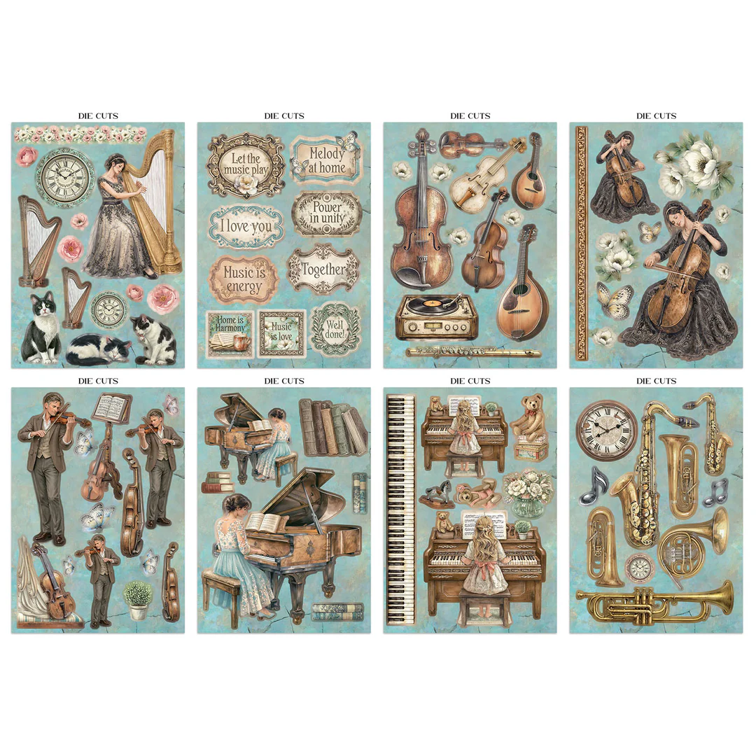 Stamperia – Symphony Junk Journal Focus Points Backgrounds, Cut-Outs lehtiö (16 kpl) A5 - Image 2