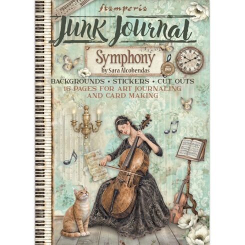 Stamperia Symphony Junk Journal Stickers, Backgrounds, Cut-Outs lehtiö (16 kpl) A4