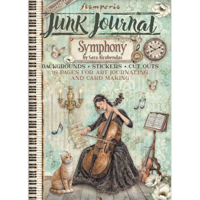 Stamperia Symphony Junk Journal Stickers, Backgrounds, Cut-Outs lehtiö (16 kpl) A4