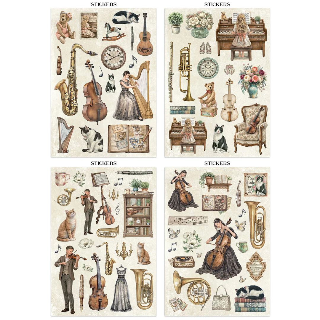 Stamperia – Symphony Junk Journal Stickers, Backgrounds, Cut-Outs lehtiö (16 kpl) A4 - Image 3