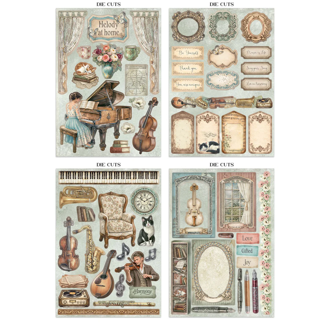 Stamperia – Symphony Junk Journal Stickers, Backgrounds, Cut-Outs lehtiö (16 kpl) A4 - Image 4