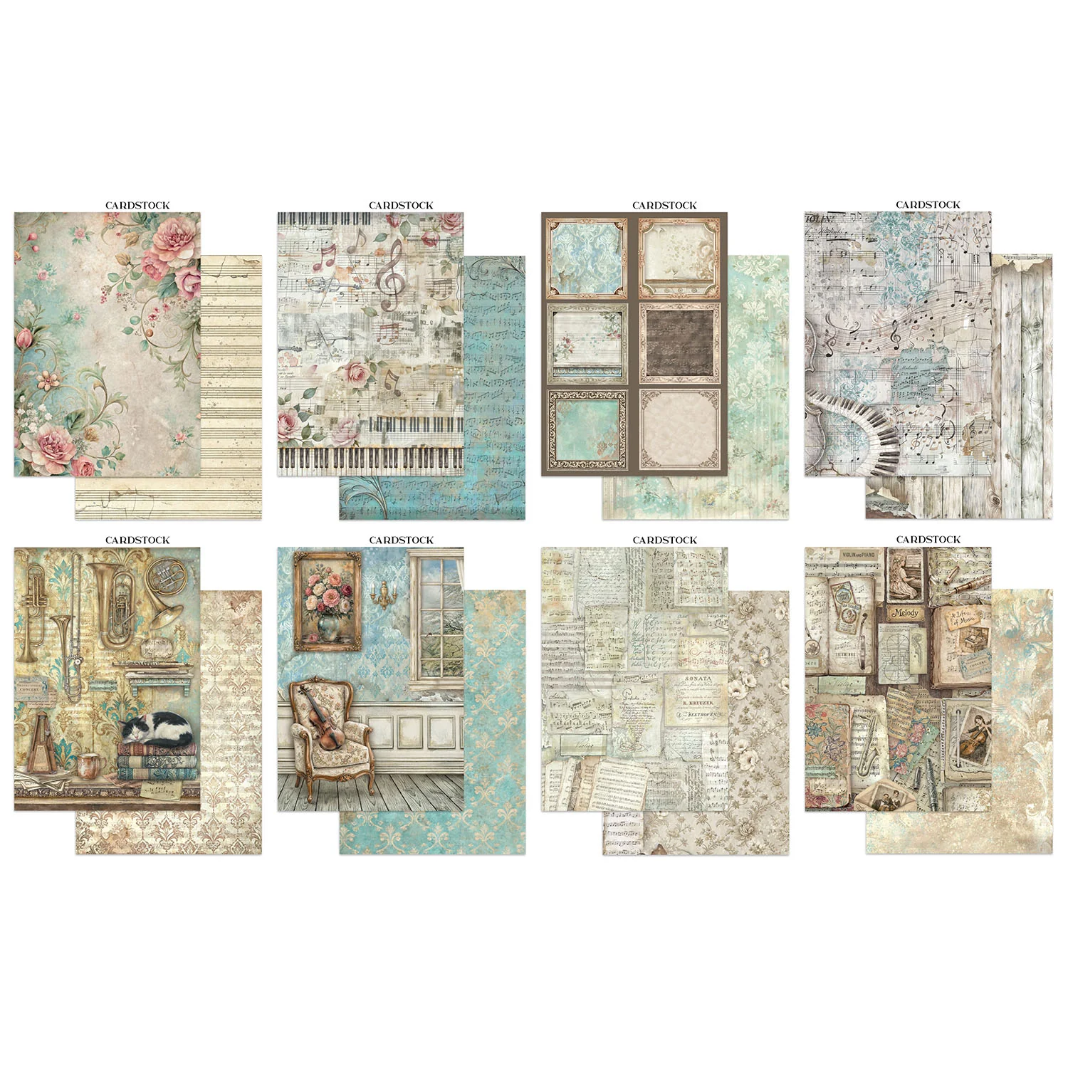 Stamperia – Symphony Junk Journal Focus Points Backgrounds, Cut-Outs lehtiö (16 kpl) A5 - Image 3