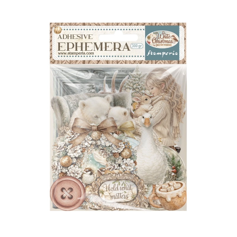 Stamperia – Ephemera White Christmas leikekuvat liimataustalla (32 kpl)