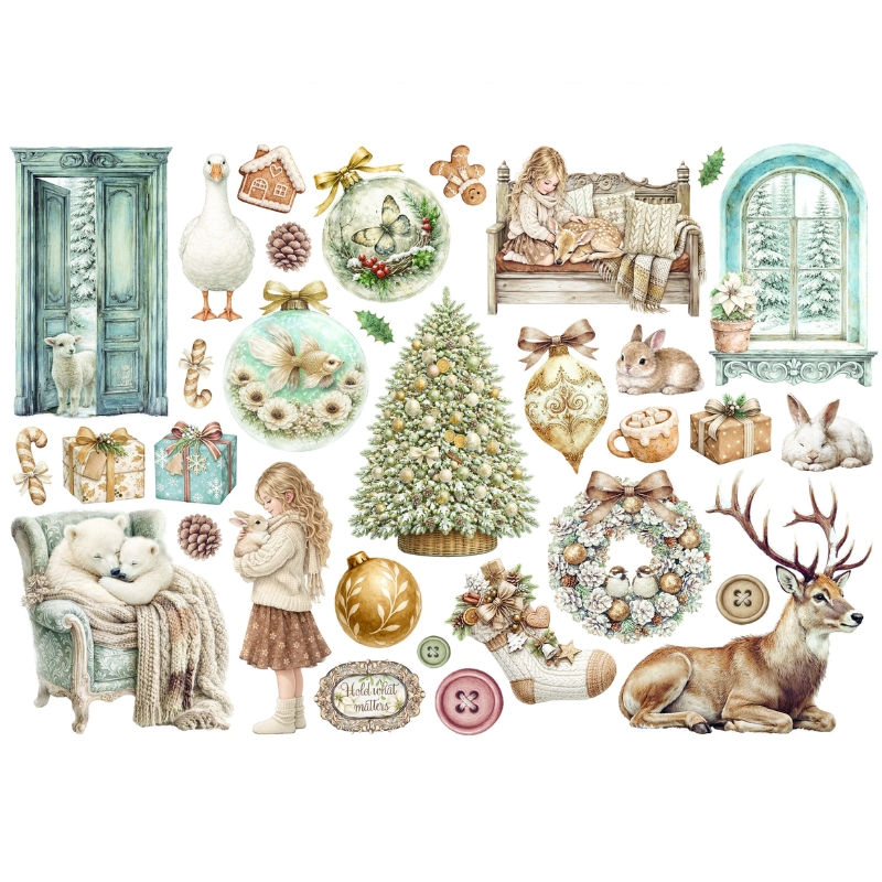 Stamperia – Ephemera White Christmas leikekuvat liimataustalla (32 kpl) - Image 2