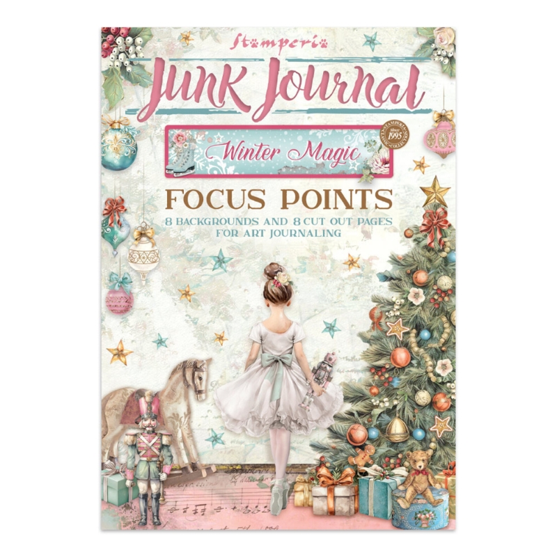 Stamperia Magic Winter Junk Journal Focus Points Backgrounds, Cut-Outs lehtiö (16 kpl) A5