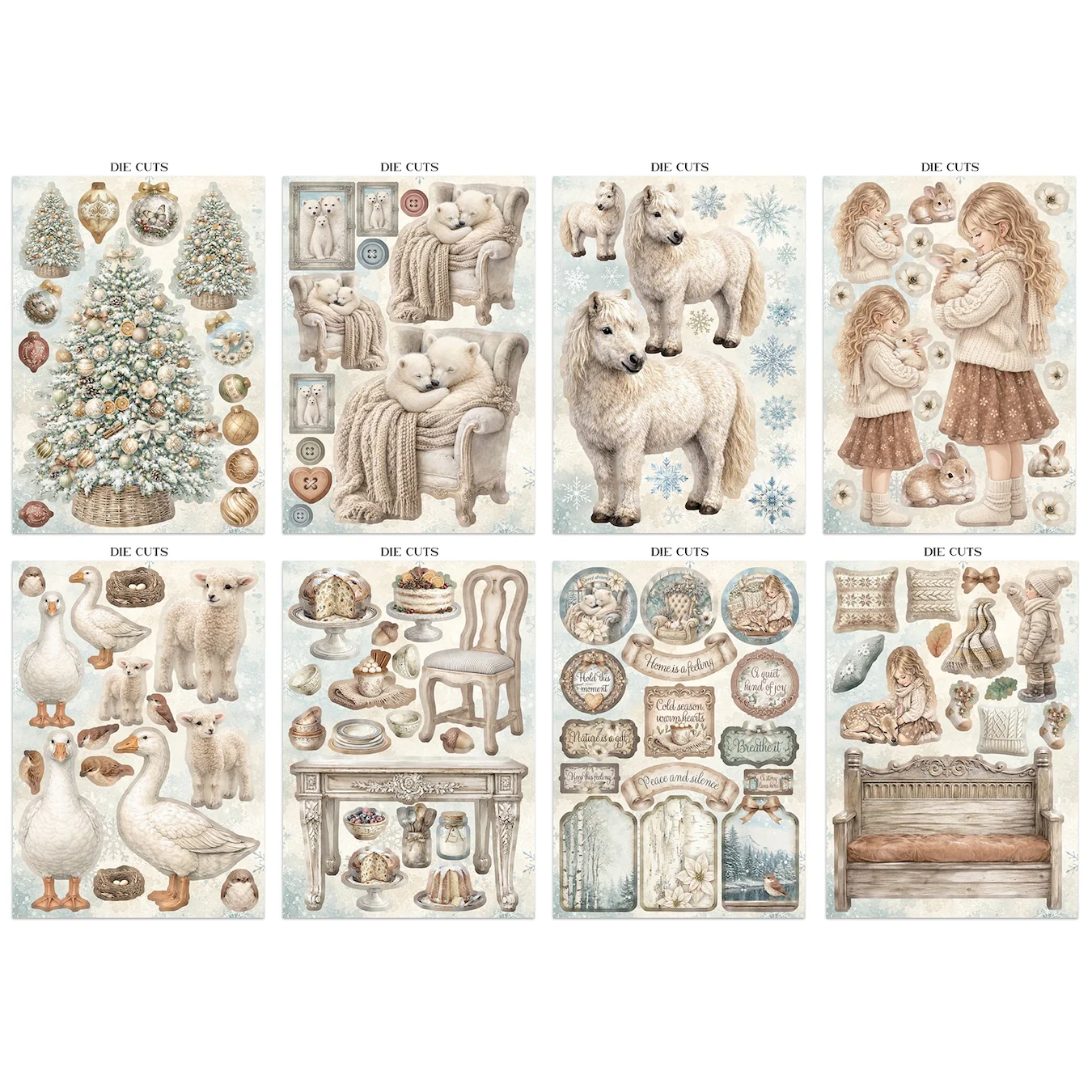 Stamperia – White Christmas Junk Journal Focus Points Backgrounds, Cut-Outs lehtiö (16 kpl) A5 - Image 3