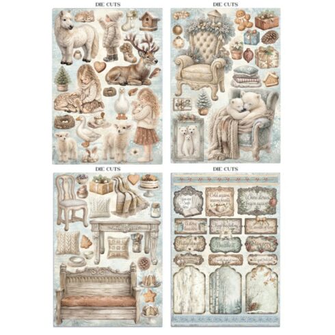 Stamperia White Christmas Junk Journal Stickers Backgrounds Cut Outs lehtio 16 kpl A4 1