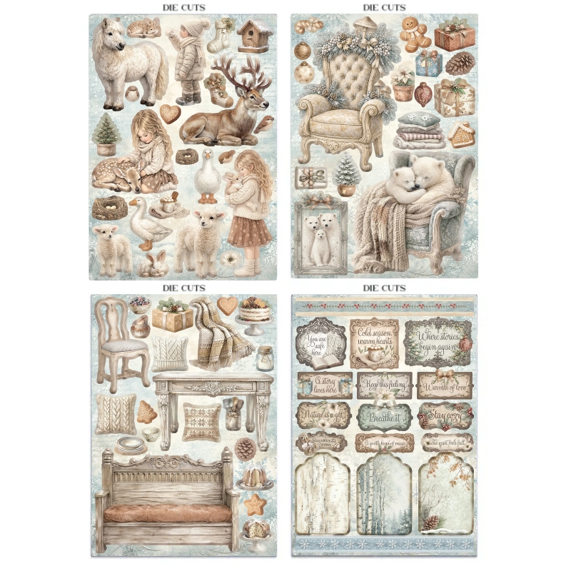 Stamperia – White Christmas Junk Journal Stickers, Backgrounds, Cut-Outs lehtiö (16 kpl) A4 - Image 4