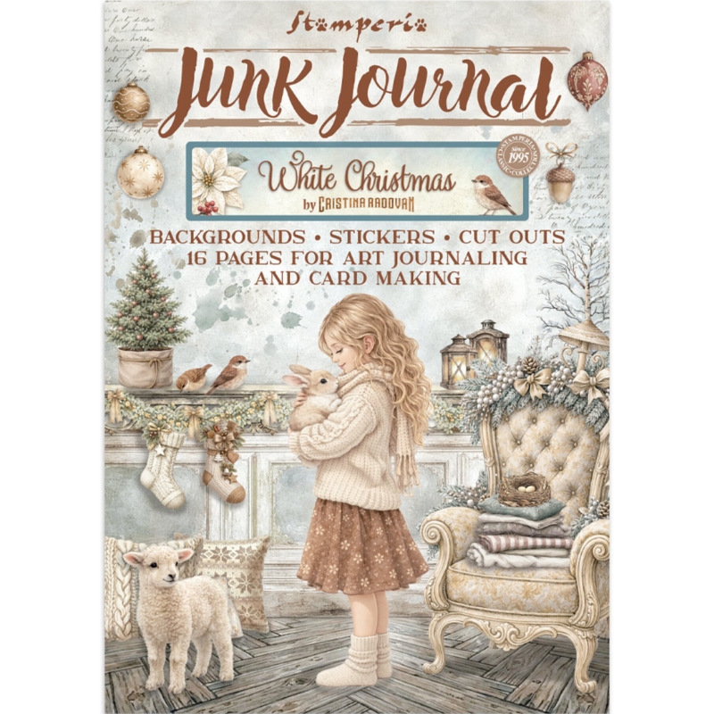 Stamperia White Christmas Junk Journal Stickers, Backgrounds, Cut-Outs lehtiö (16 kpl) A4