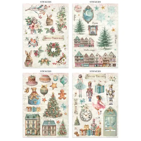 Stamperia – Winter Magic Junk Journal Stickers Backgrounds Cut Outs lehtio 16 kpl A4
