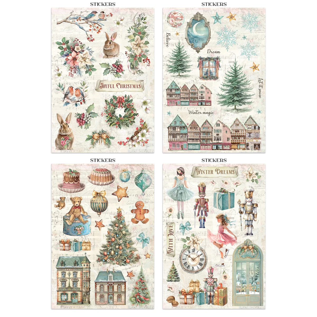 Stamperia – Winter Magic Junk Journal Stickers, Backgrounds, Cut-Outs lehtiö (16 kpl) A4 - Image 3