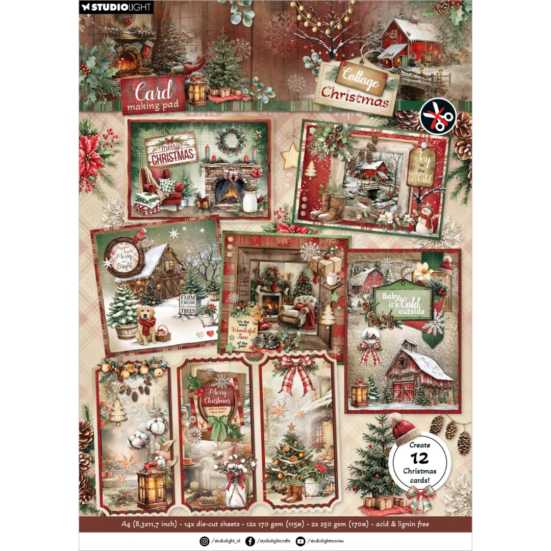 Studio Light Card Making Paper Pad Cottage Christmas korttilehtiö (12kpl) A4 SL-CC-CMP41