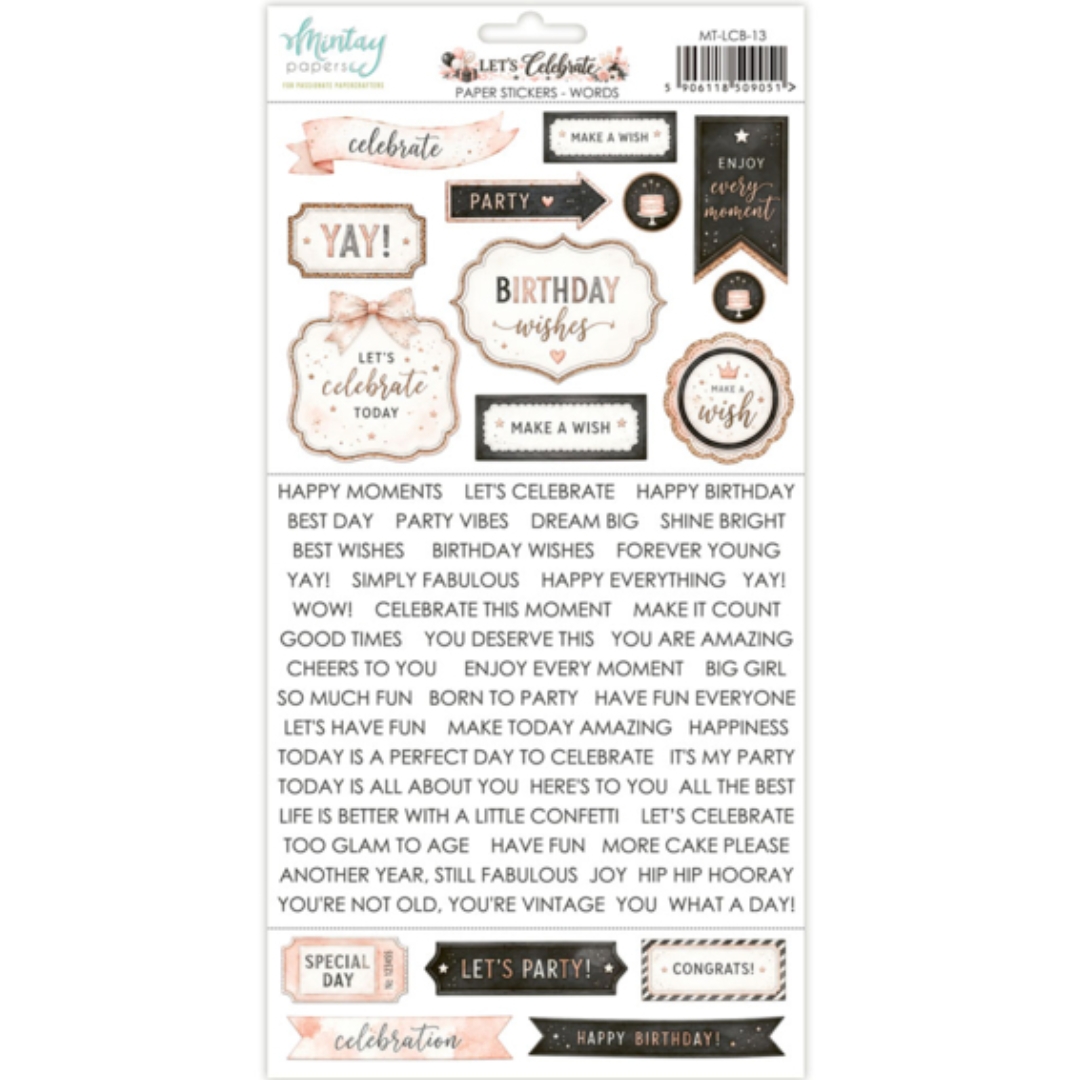 Mintay Let's Celebrate Stickers Words tarra-arkki