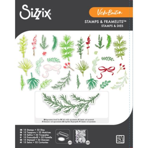 Sizzix & Vicki Boutin Stamps w/ Framelits leimasin ja stanssi – WINTER GREENERY (15+32 kpl)