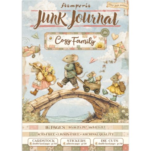Stamperia Cozy Family Junk Journal Stickers, Backgrounds, Cut-Outs lehtiö (16 kpl) A4