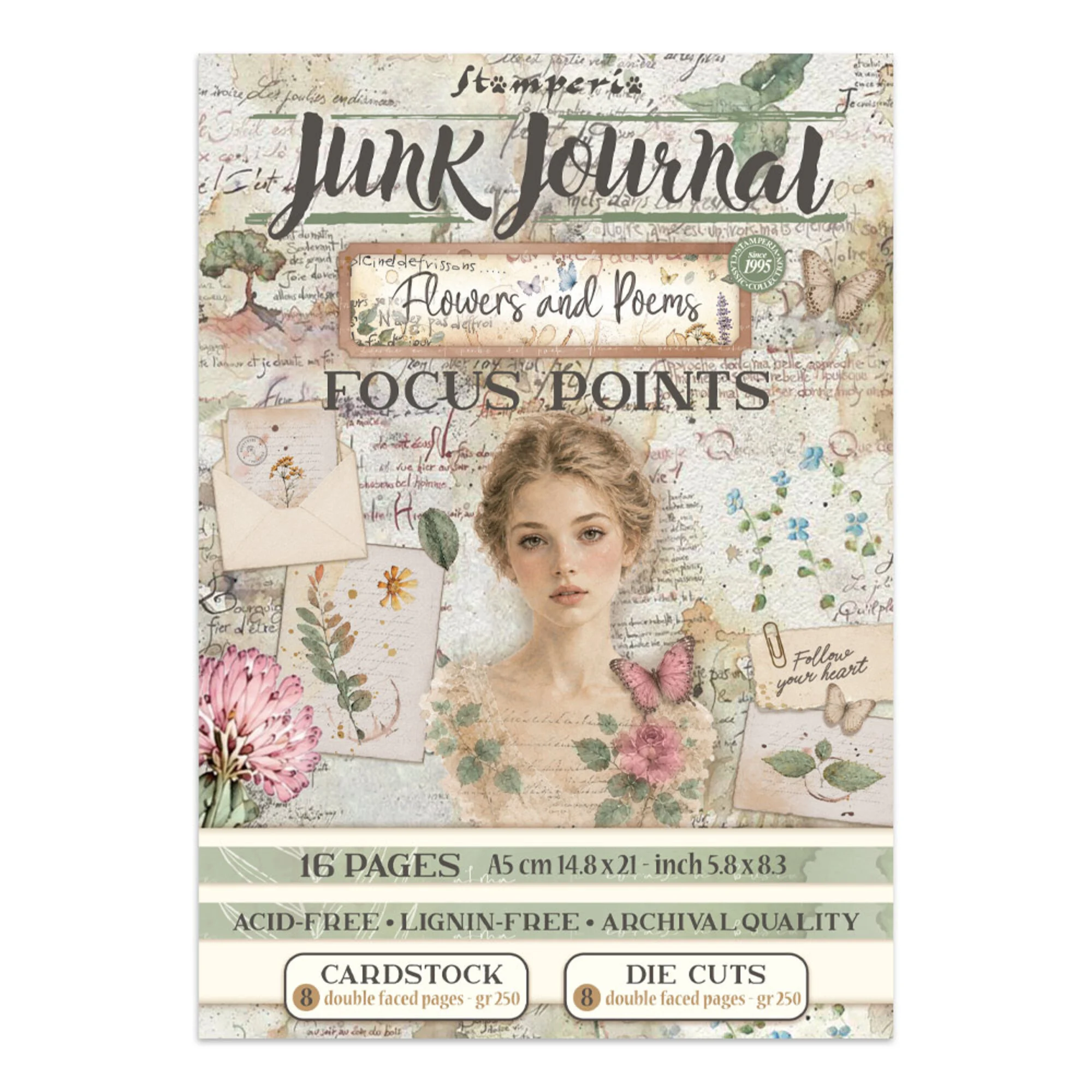 Stamperia Flowers and Poems Journal Focus Points Backgrounds, Cut-Outs lehtiö (16 kpl) A5