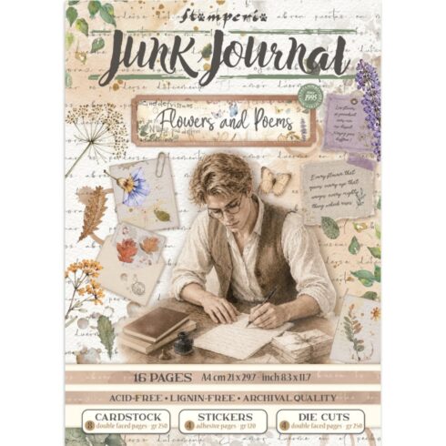 Stamperia Flowers and Poems Junk Journal Stickers, Backgrounds, Cut-Outs lehtiö (16 kpl) A4