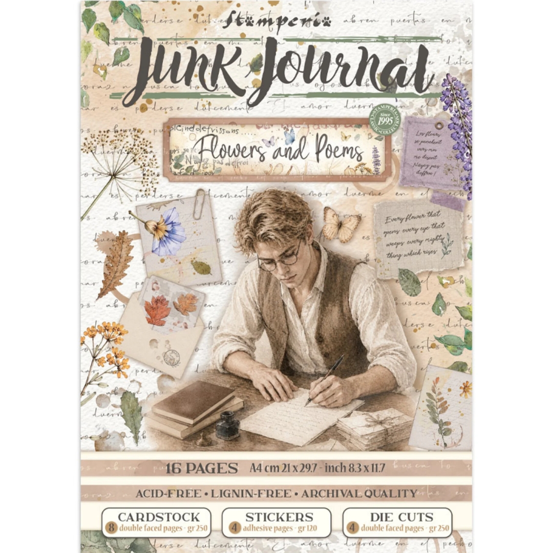 Stamperia Flowers and Poems Junk Journal Stickers, Backgrounds, Cut-Outs lehtiö (16 kpl) A4