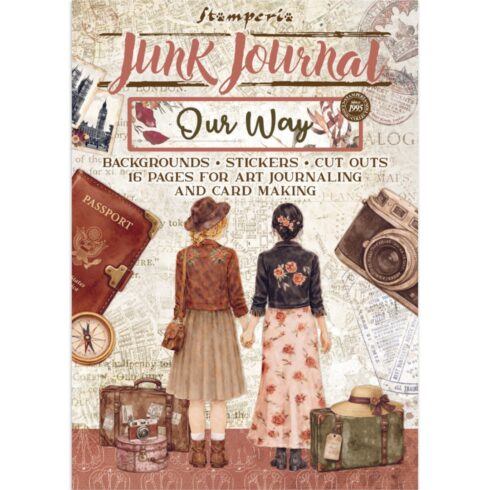 Stamperia Our Way Junk Journal Stickers, Backgrounds, Cut-Outs lehtiö (16 kpl) A4