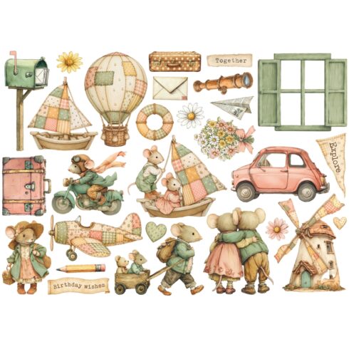 Stamperia – Ephemera Cozy Family leikekuvat liimataustalla (28 kpl)