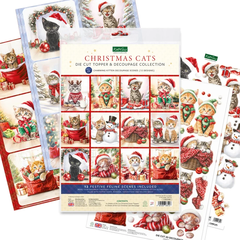 Katy Sue Designs – Christmas Cats 3D-arkit ja korttikuvat (24+24kpl) A4