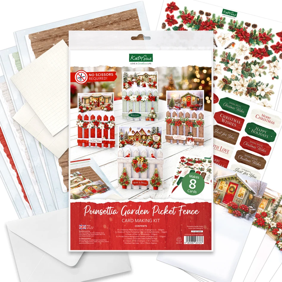 Katy Sue Designs Card Making Kit Poinsettia Garden Picket Fence Korttipakkaus (8 kpl)