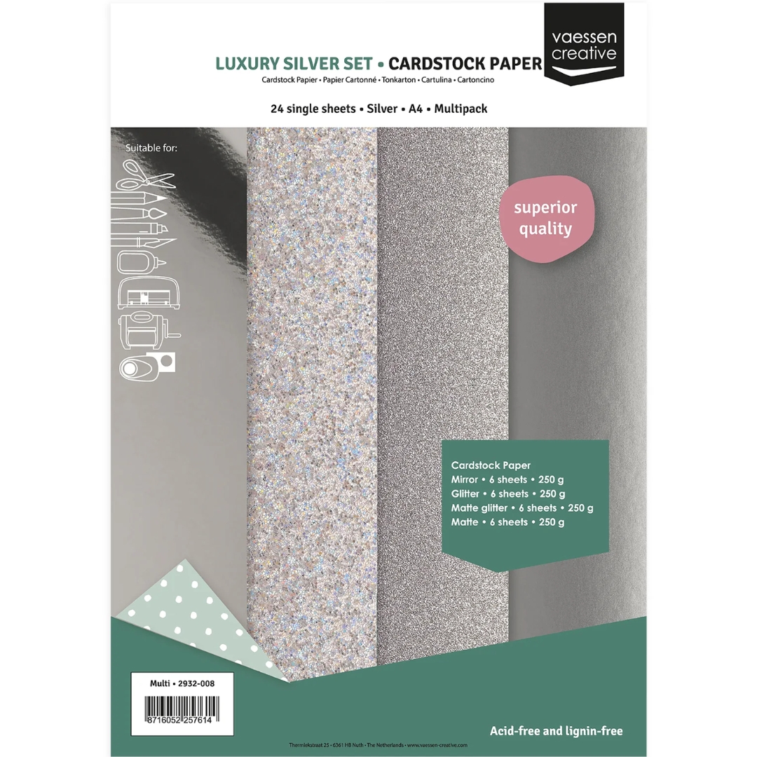 Luxury Silver Cardstock Set Multi kartonkilajitelma A4 250gsm (24 kpl)