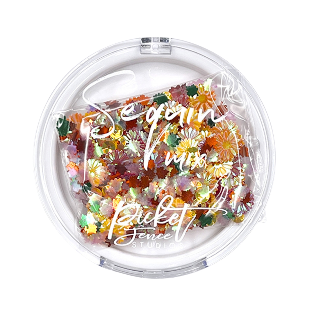Picket Fence Studios shaker sequin mix ORANGE BOTTLECAP FLOWERS
