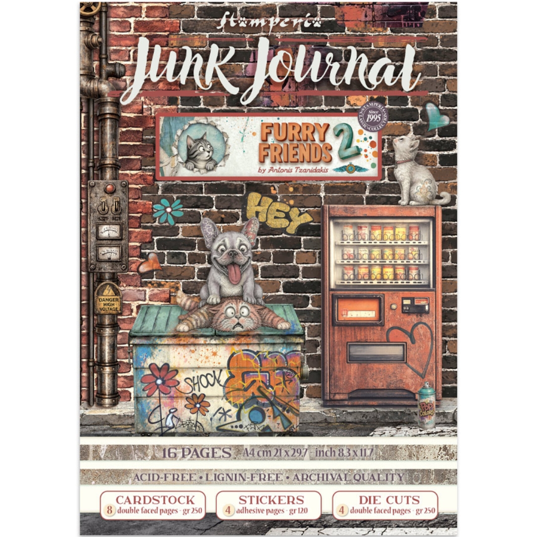 Stamperia Furry Friends 2 Junk Journal Stickers, Backgrounds, Cut-Outs lehtiö (16 kpl) A4