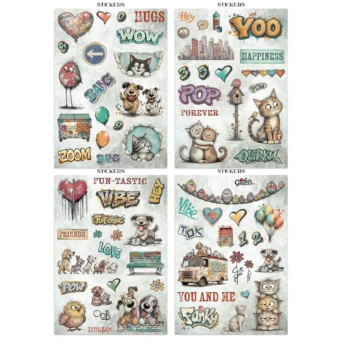 Stamperia – Furry Friends 2 Junk Journal Stickers Backgrounds Cut Outs lehtio 16 kpl